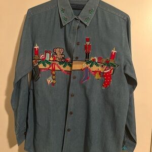 Karen Scott Blue Denim Button Up Shirt Christmas Embroidered Long Sleeve Medium